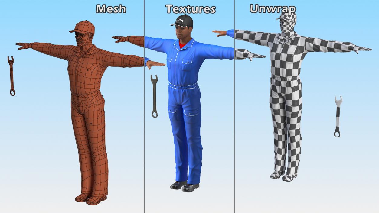 3D Light Skin Black Car Mechanic T Pose