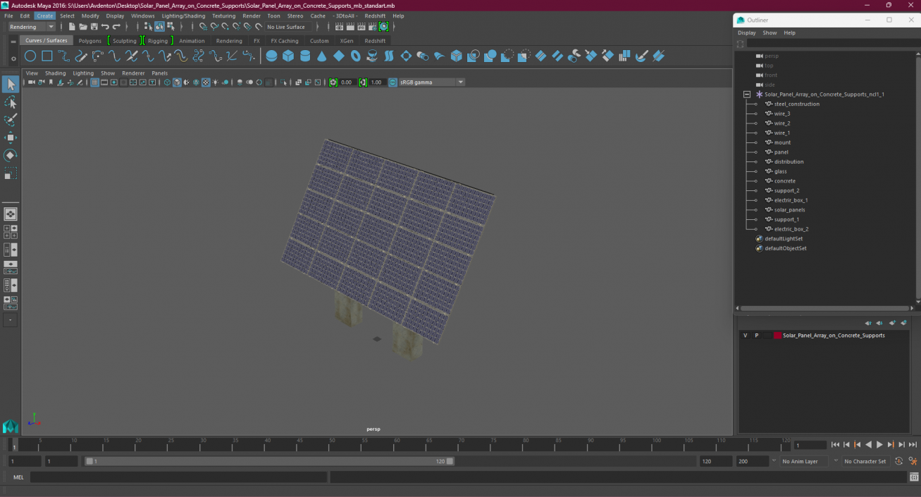 3D Solar Panel Array on Concrete Supports model