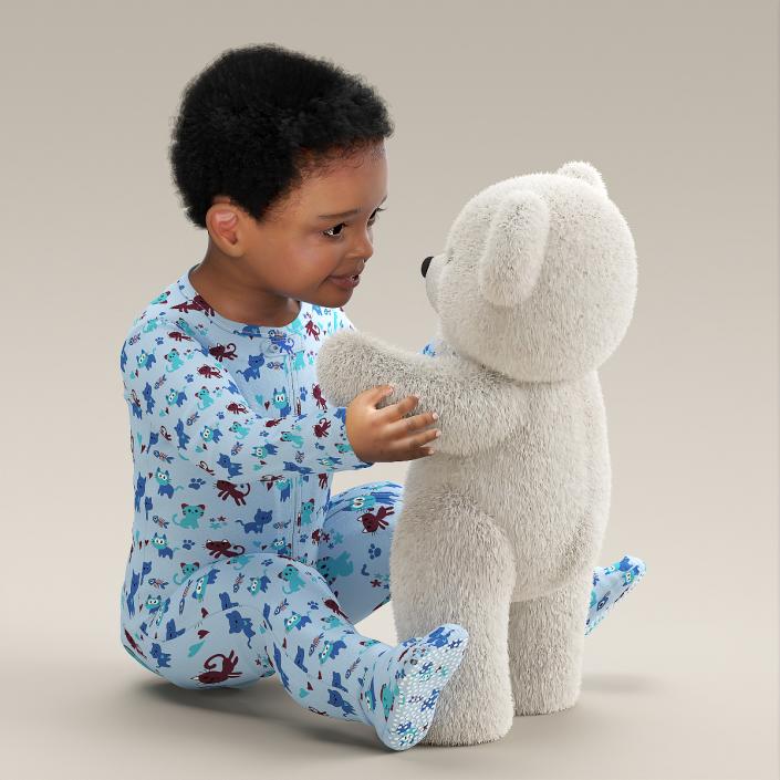 3D Little Black Boy with Teddy Bear Fur Rigged model