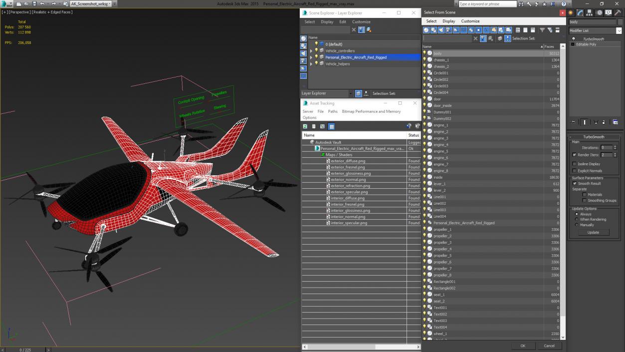 3D Personal Electric Aircraft Red Rigged for Maya