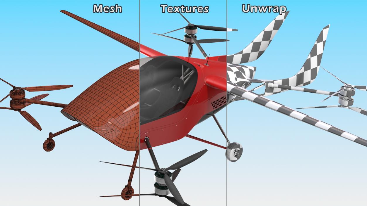 3D Personal Electric Aircraft Red Rigged for Cinema 4D