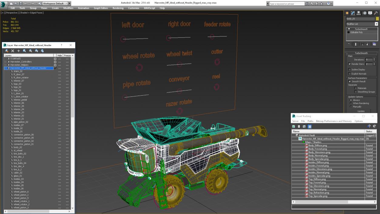 3D model Harvester MF Ideal without Header Rigged