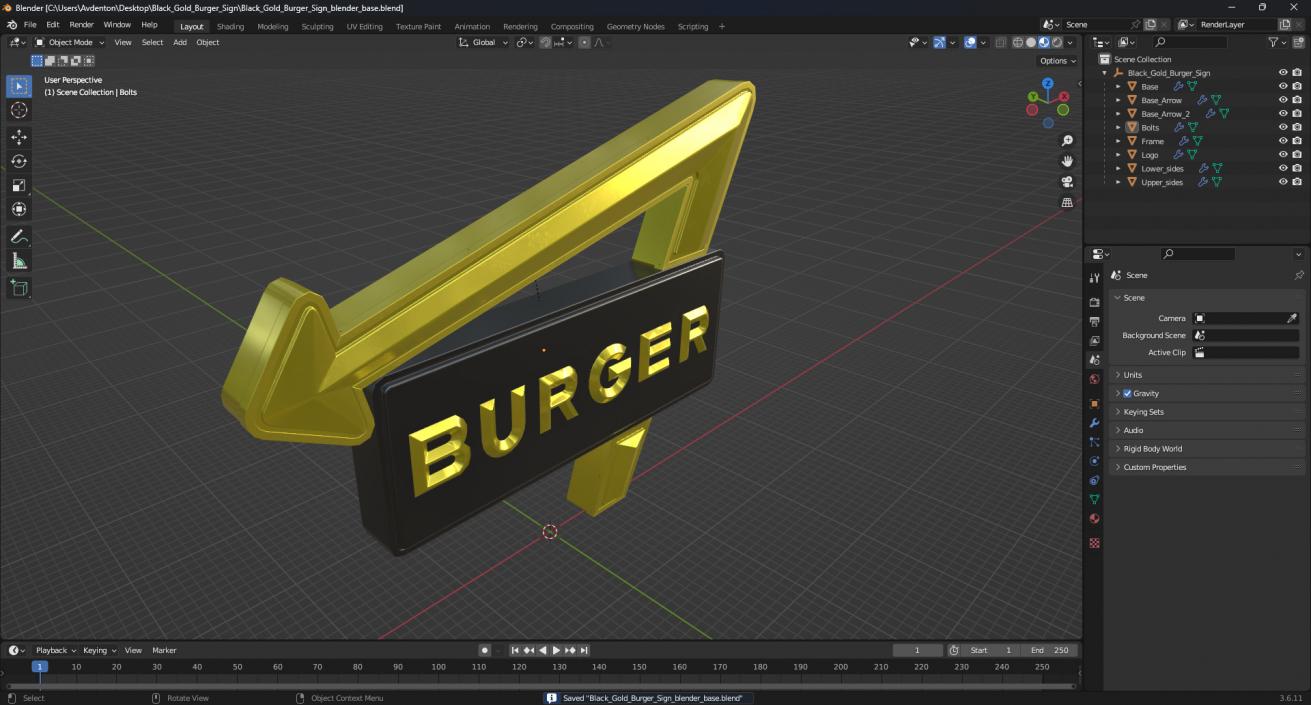 Black Gold Burger Sign 3D