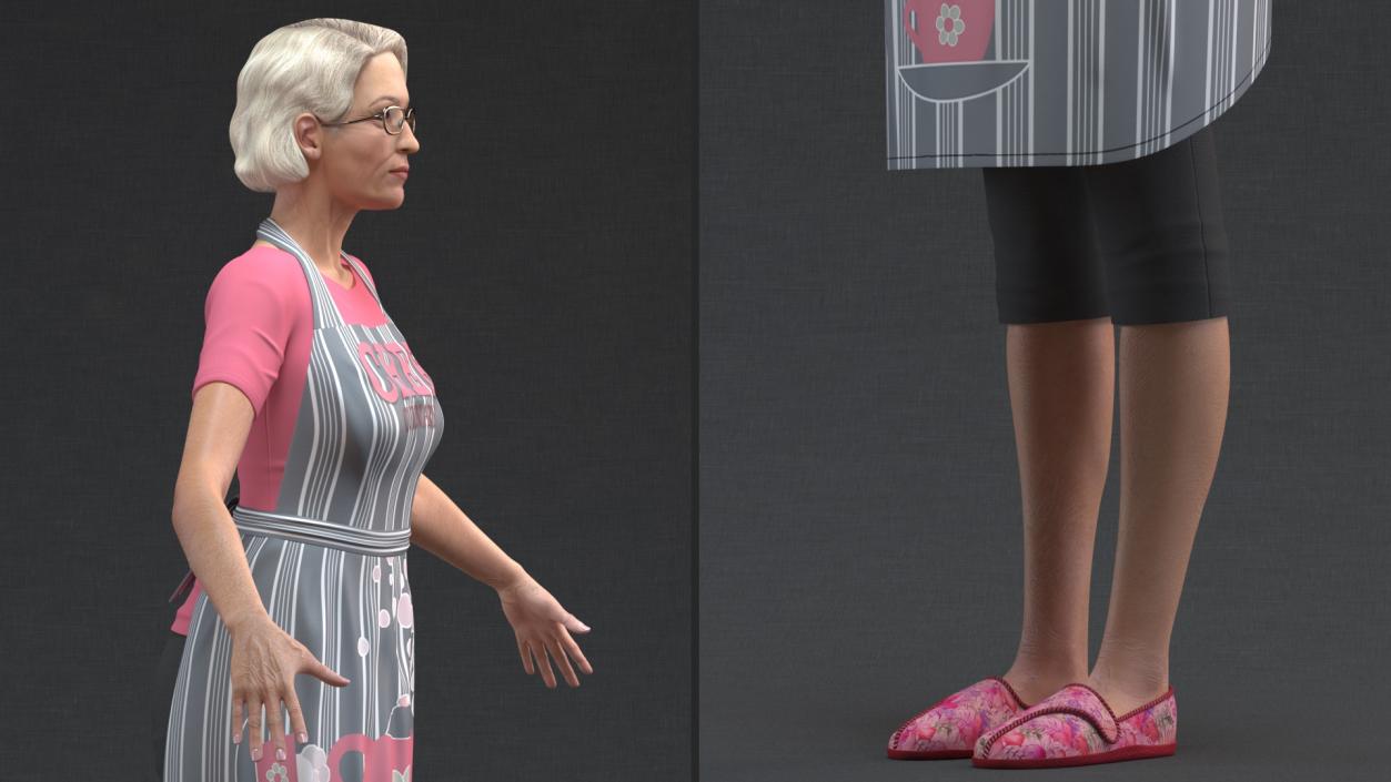 Elderly Woman Wearing Kitchen Apron Rigged 3D