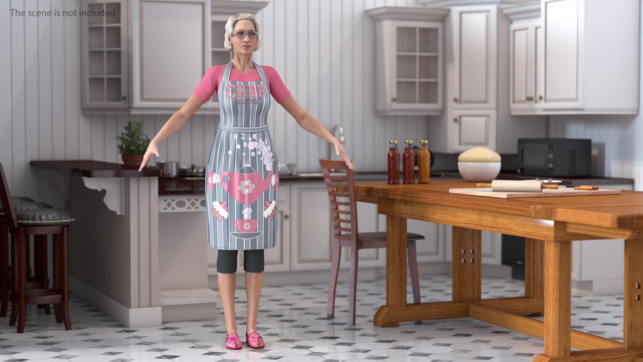 Elderly Woman Wearing Kitchen Apron Rigged 3D