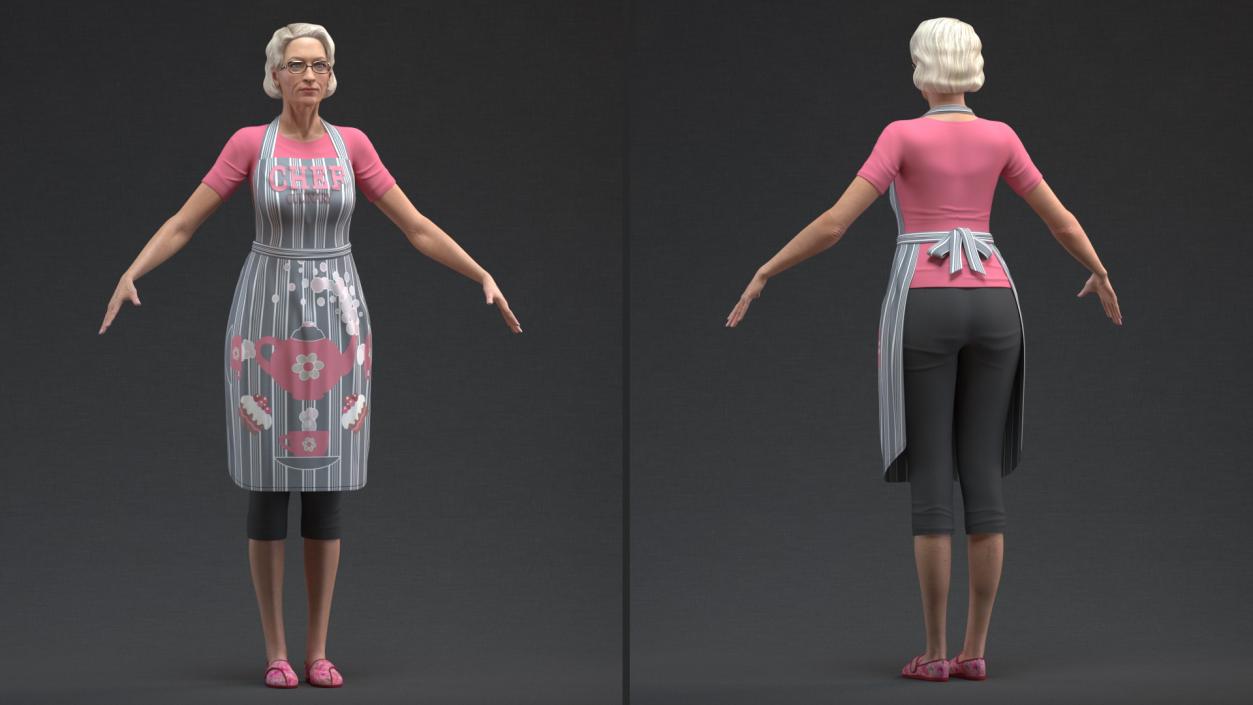 Elderly Woman Wearing Kitchen Apron Rigged 3D