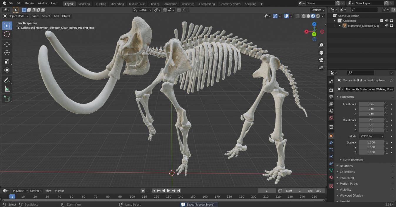 3D Mammoth Skeleton Clean Bones Walking Pose