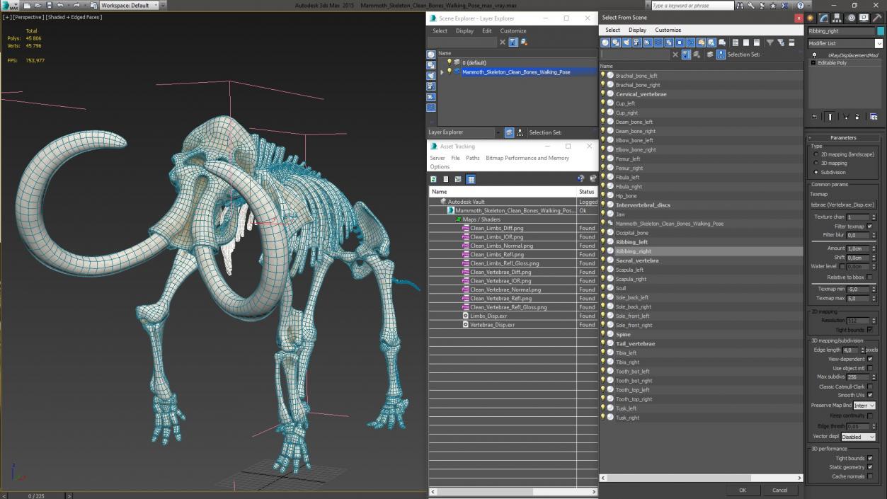 3D Mammoth Skeleton Clean Bones Walking Pose