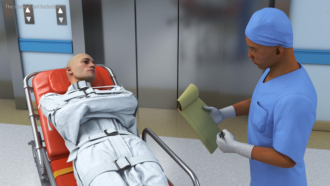 3D Paramedic with Patient in Straitjacket on Stretcher