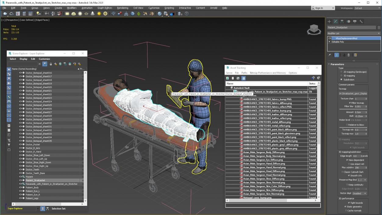 3D Paramedic with Patient in Straitjacket on Stretcher