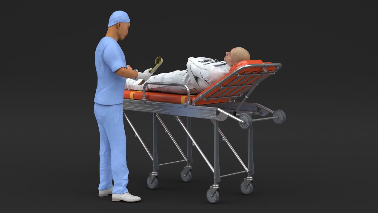 3D Paramedic with Patient in Straitjacket on Stretcher