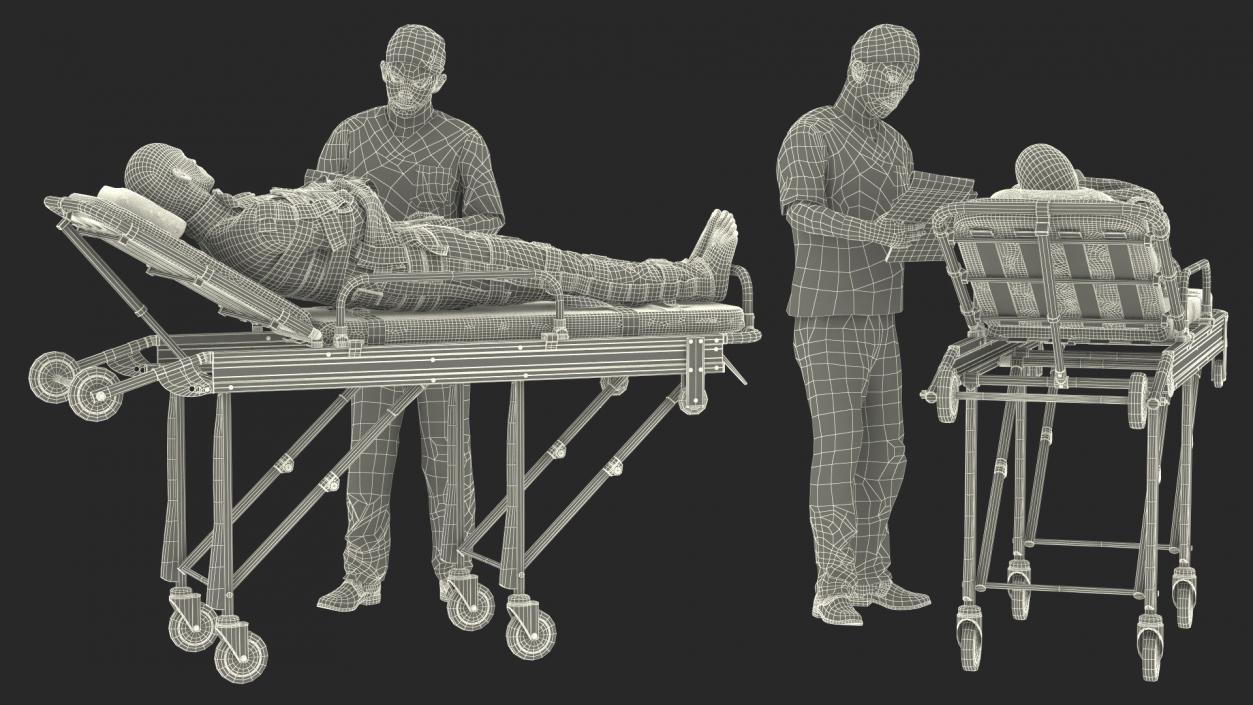 3D Paramedic with Patient in Straitjacket on Stretcher