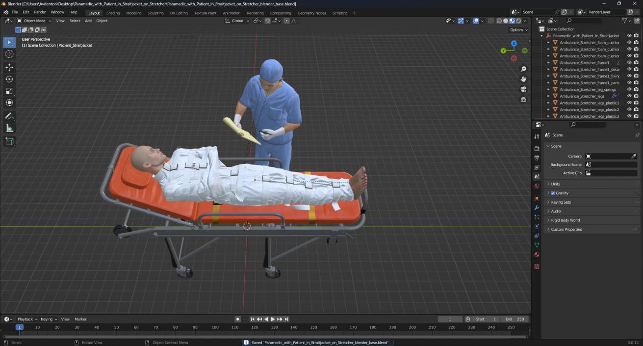 3D Paramedic with Patient in Straitjacket on Stretcher