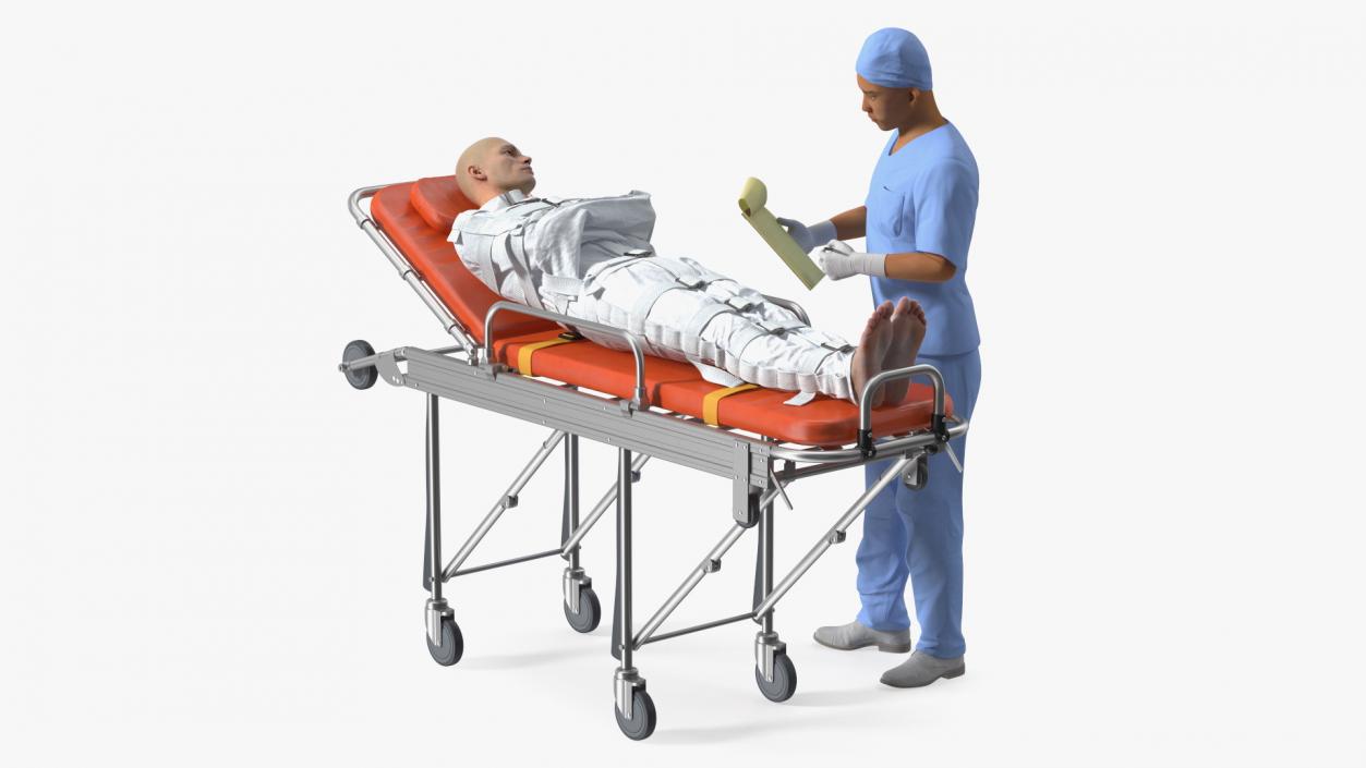 3D Paramedic with Patient in Straitjacket on Stretcher