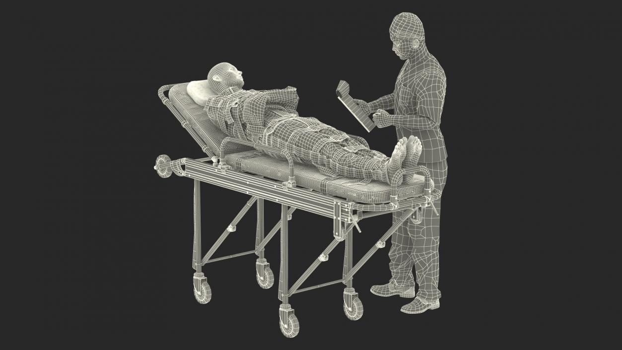 3D Paramedic with Patient in Straitjacket on Stretcher