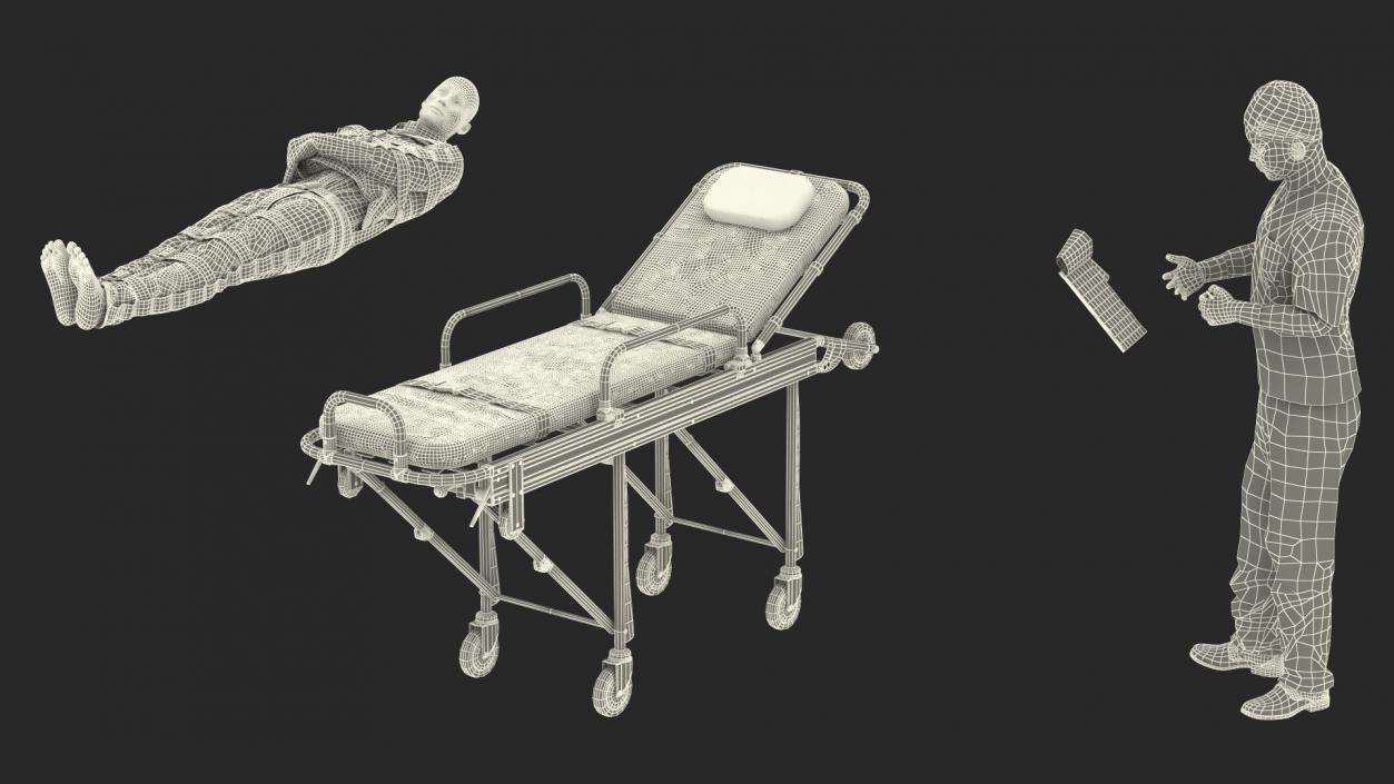 3D Paramedic with Patient in Straitjacket on Stretcher