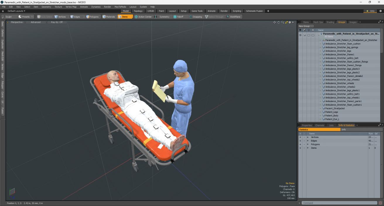 3D Paramedic with Patient in Straitjacket on Stretcher