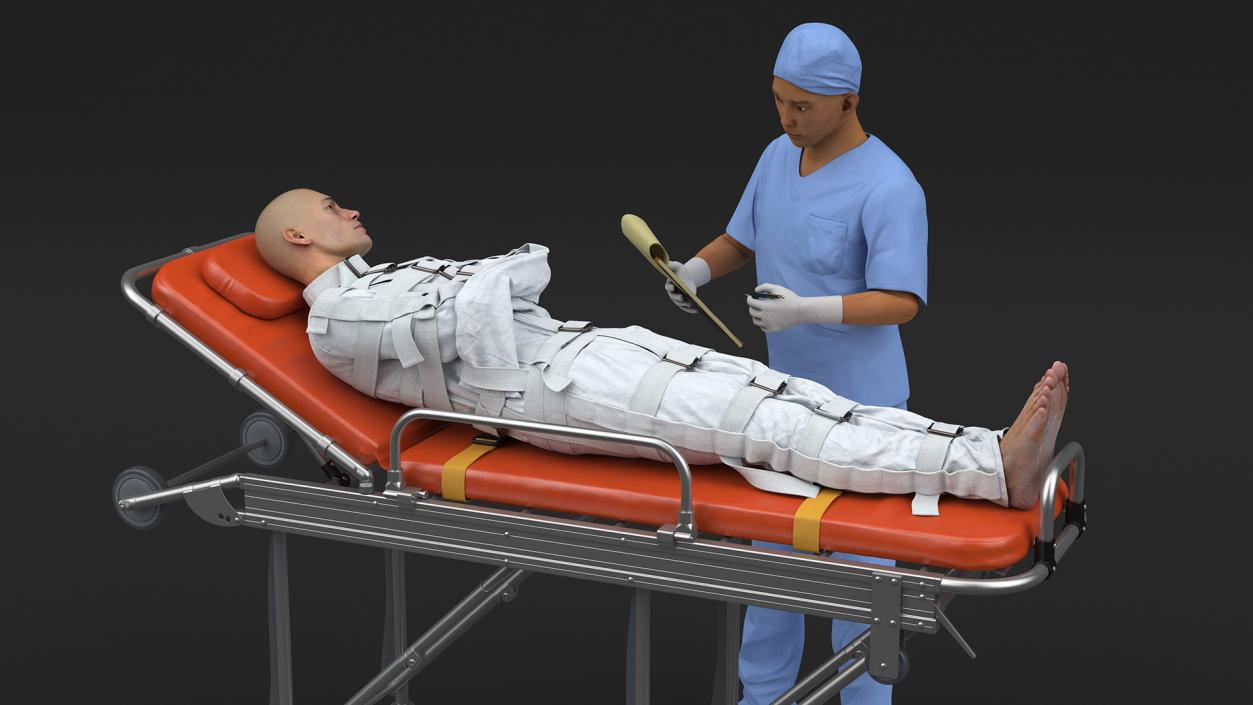 3D Paramedic with Patient in Straitjacket on Stretcher