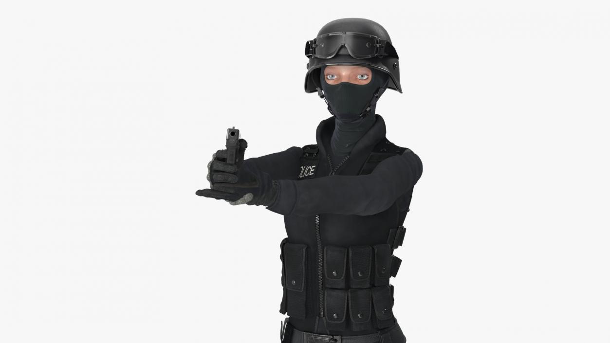 3D Tactical Police Officer Woman with Handgun Rigged for Cinema 4D model