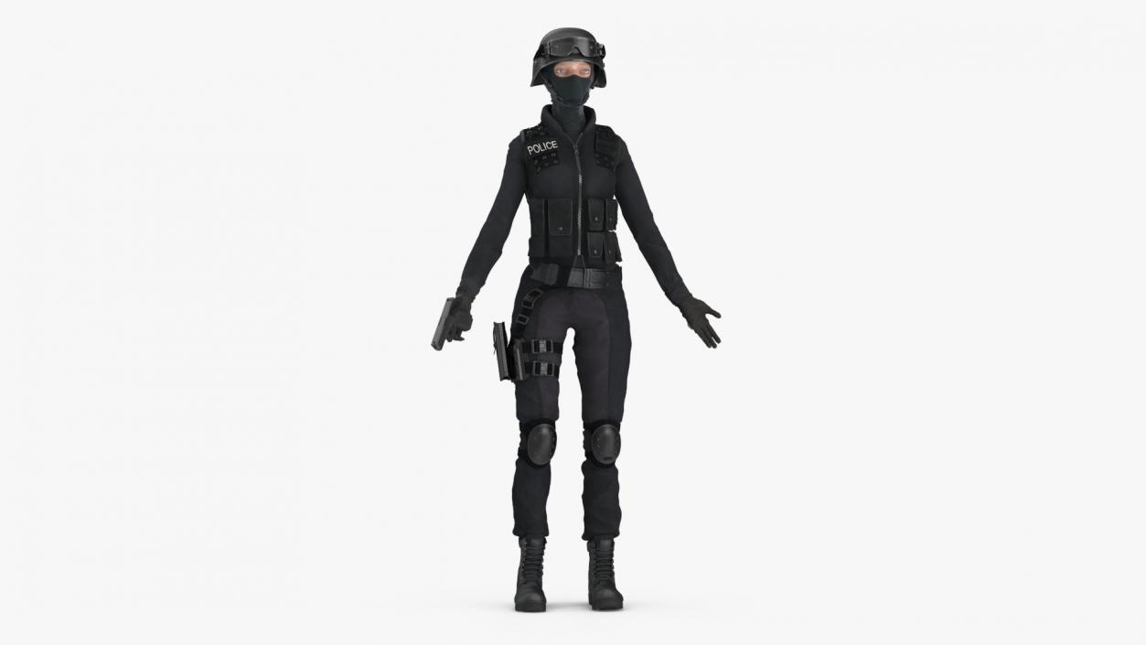 3D Tactical Police Officer Woman with Handgun Rigged for Cinema 4D model