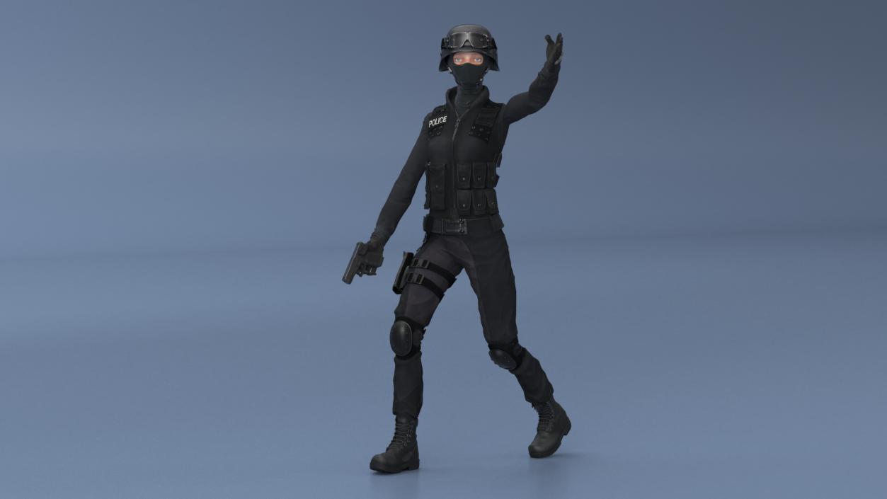 3D Tactical Police Officer Woman with Handgun Rigged for Cinema 4D model