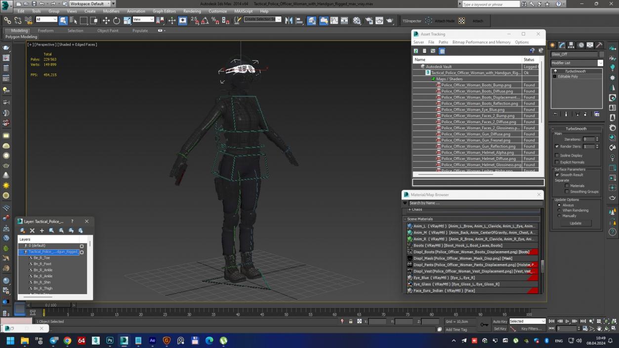 3D Tactical Police Officer Woman with Handgun Rigged for Cinema 4D model