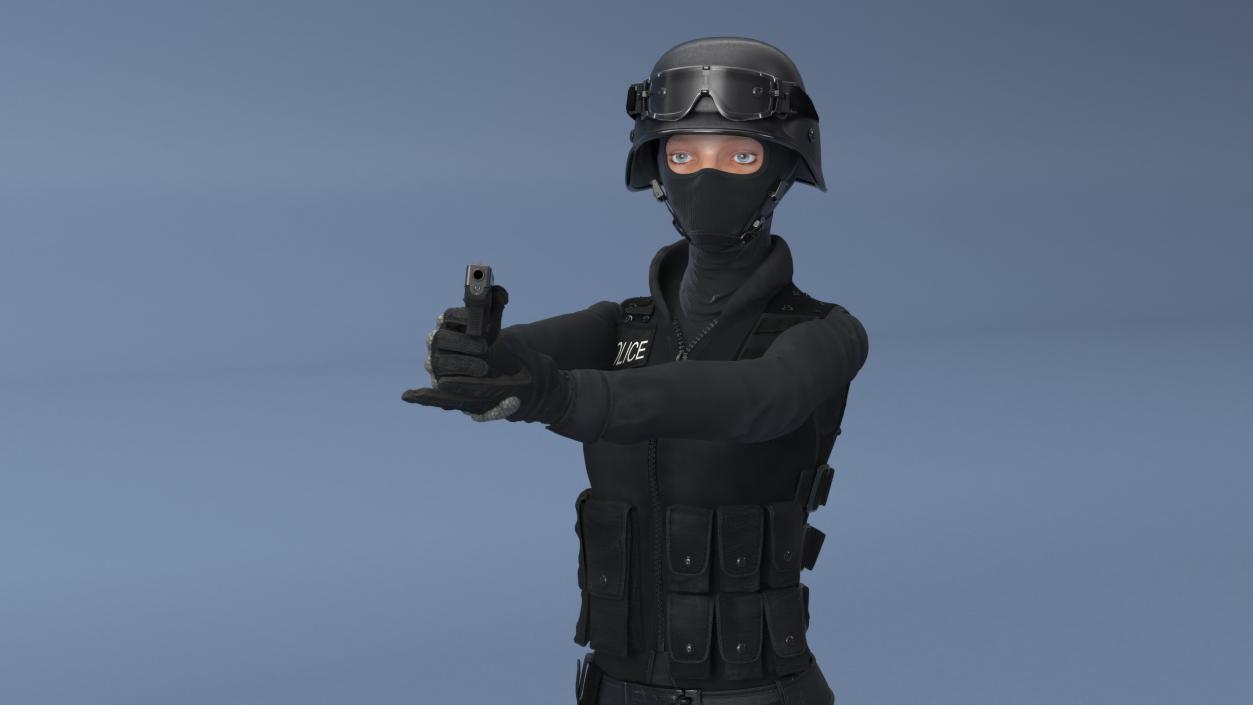 3D Tactical Police Officer Woman with Handgun Rigged for Cinema 4D model