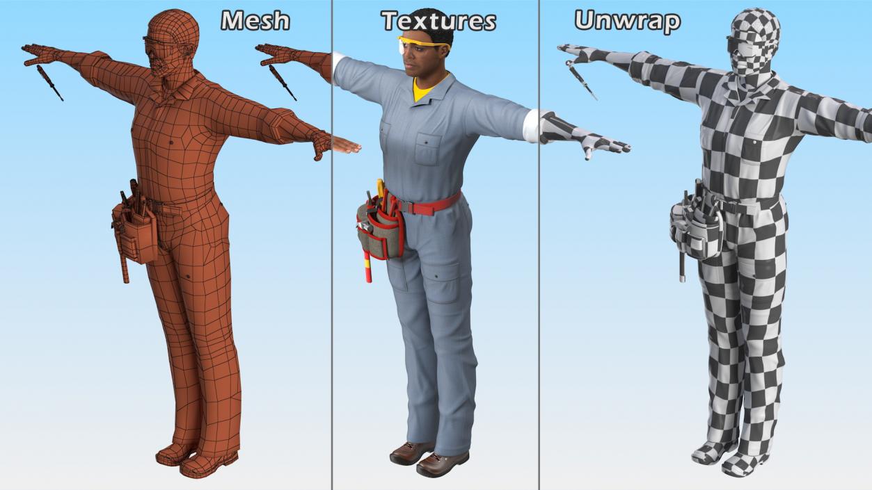 Light Skin Black Man Electrician T Pose 3D model