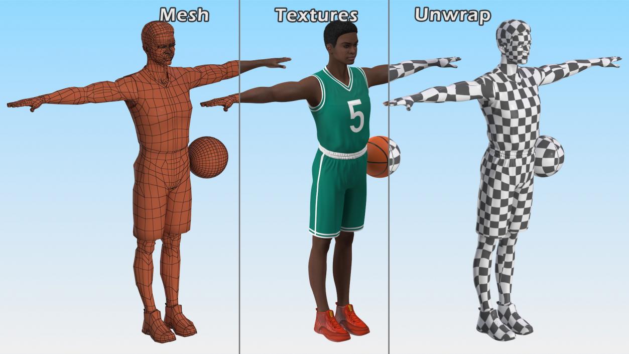 3D Dark Skin Teenager Basketball Player T Pose model