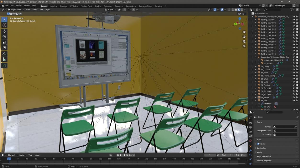 Classroom Interior with Projector and Chairs 3D model