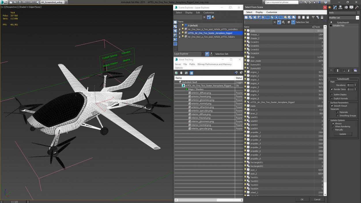 3D model eVTOL Air One Two Seater Aeroplane Rigged for Cinema 4D