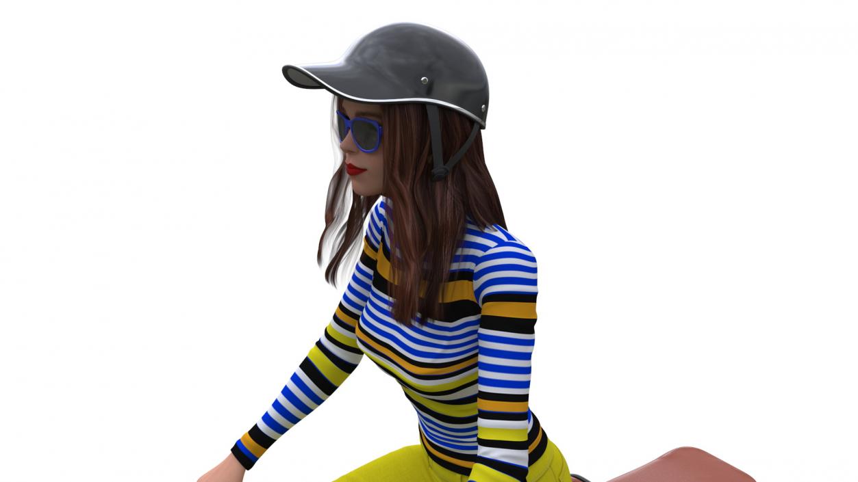 3D model Female Character on Scooter with Cap Safety Helmet