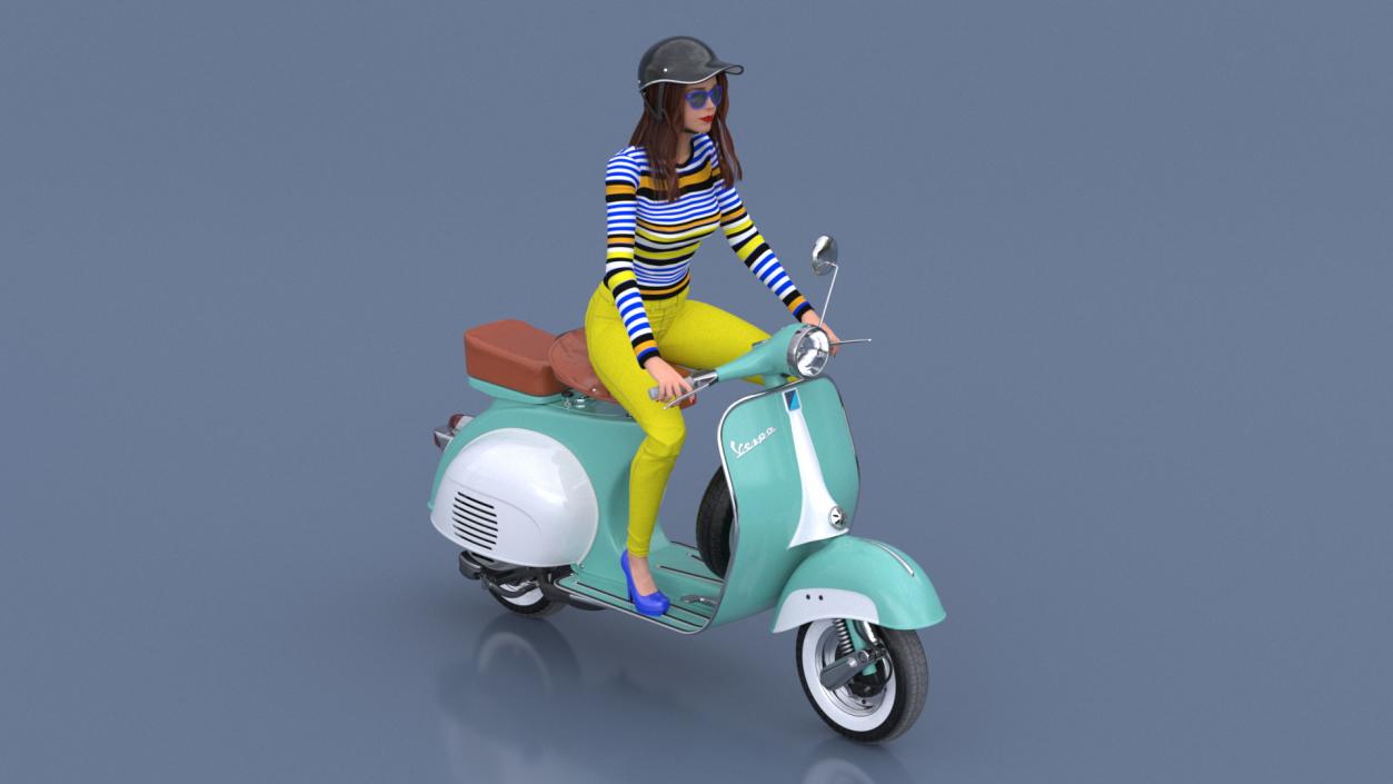 3D model Female Character on Scooter with Cap Safety Helmet