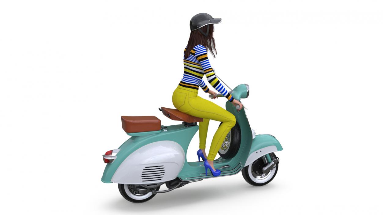 3D model Female Character on Scooter with Cap Safety Helmet