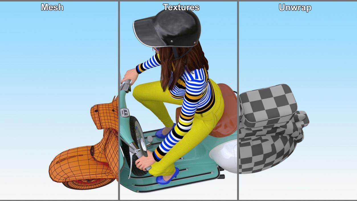 3D model Female Character on Scooter with Cap Safety Helmet