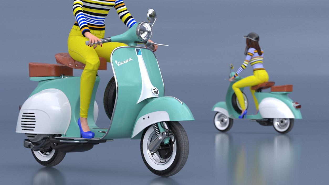 3D model Female Character on Scooter with Cap Safety Helmet