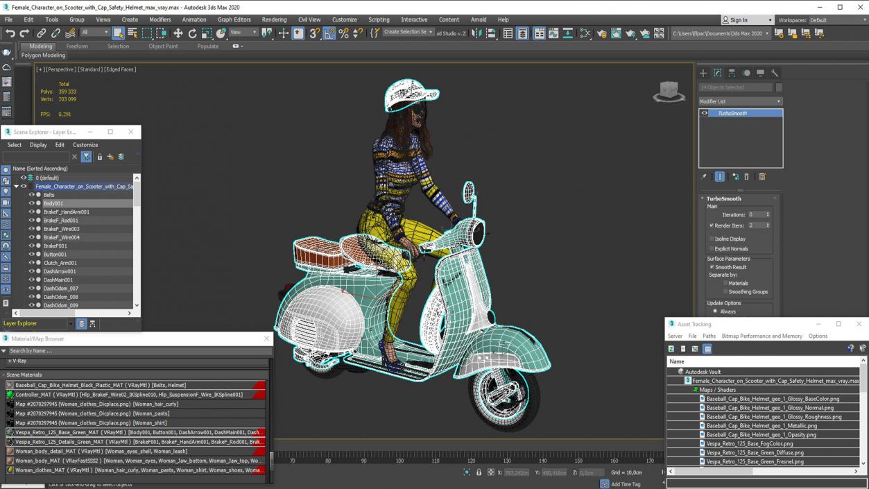 3D model Female Character on Scooter with Cap Safety Helmet