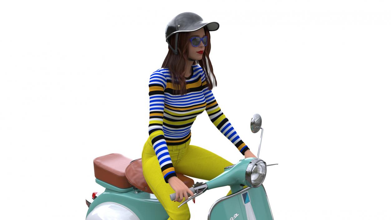 3D model Female Character on Scooter with Cap Safety Helmet