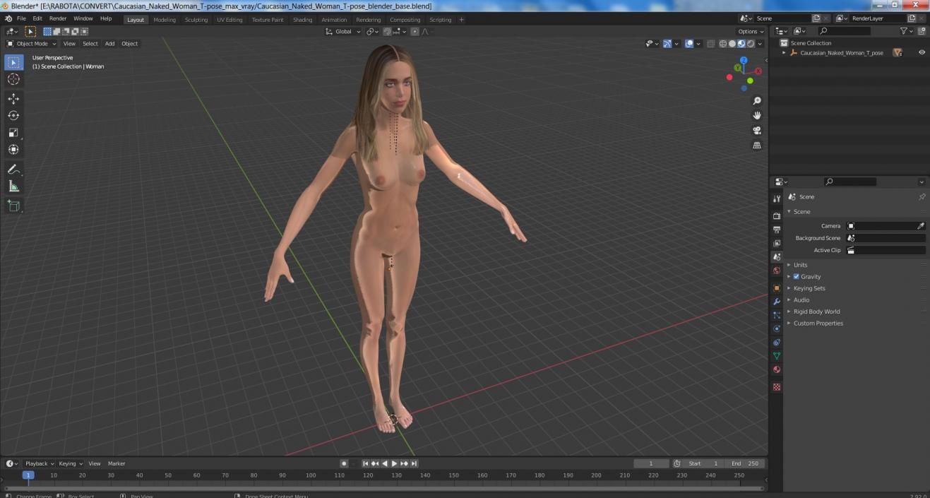 3D Caucasian Naked Woman T-pose model