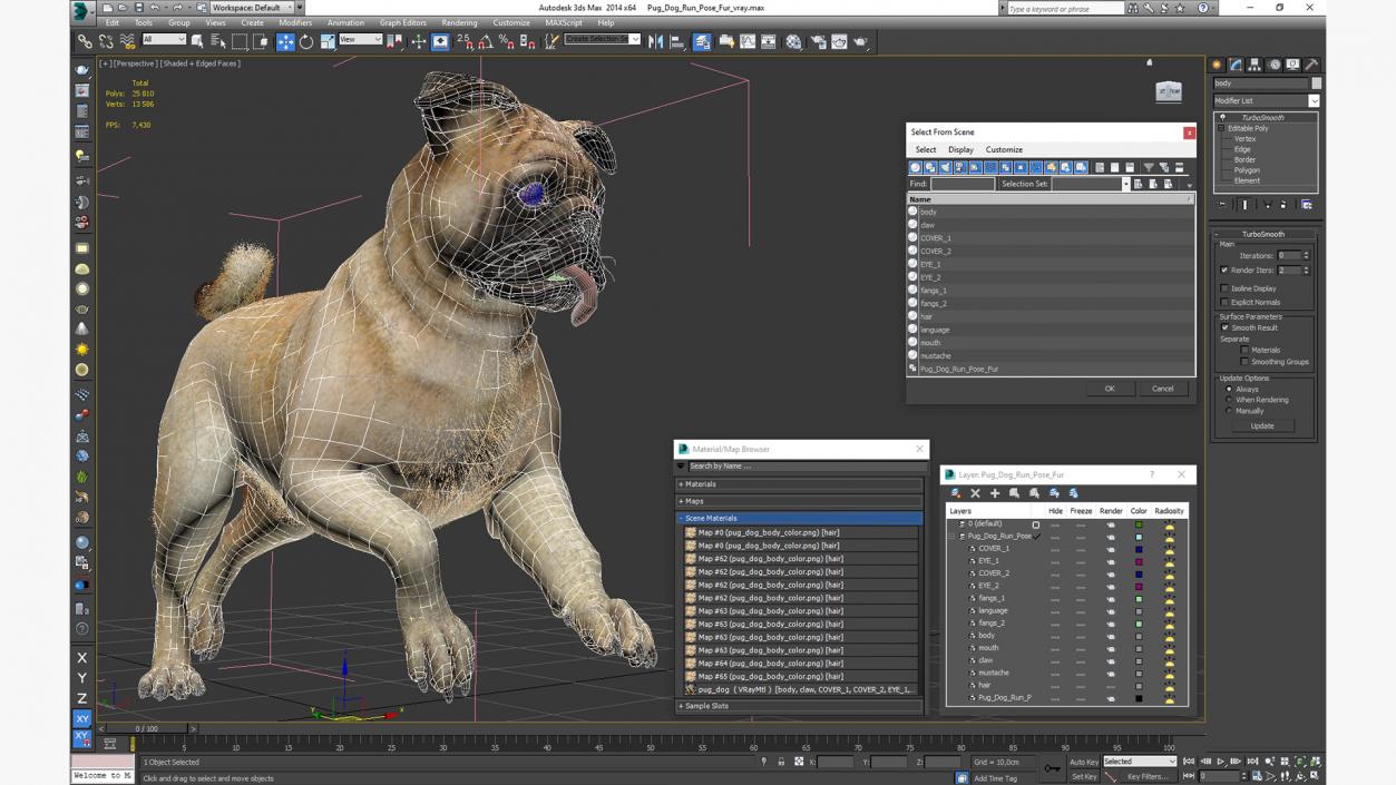 3D model Pug Dog Run Pose Fur