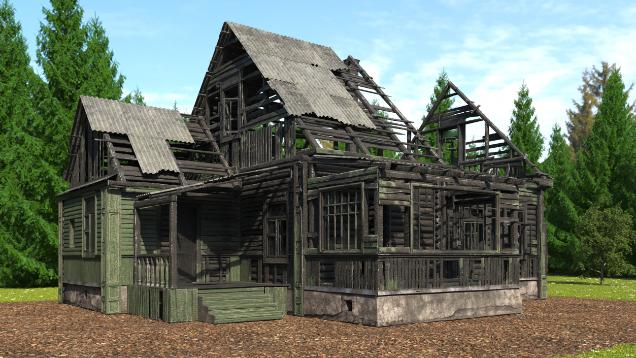 Burnt Wooden Down House Green 3D model