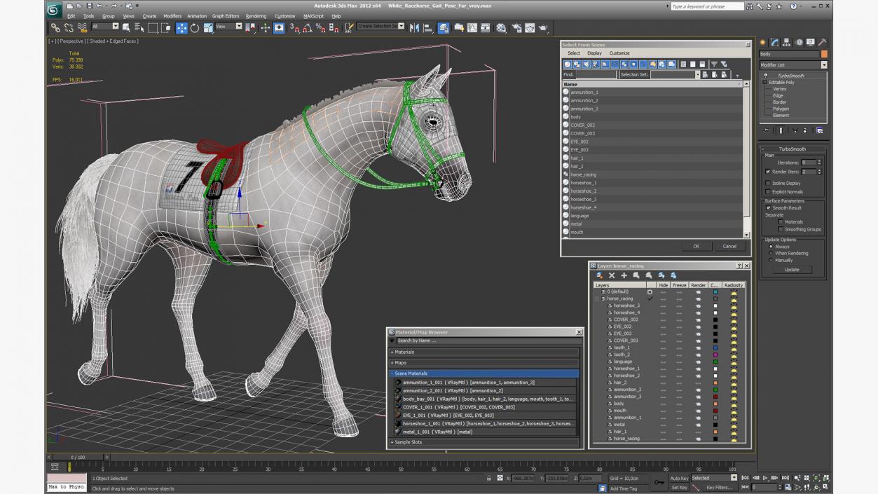 White Racehorse Gait Pose Fur 3D model