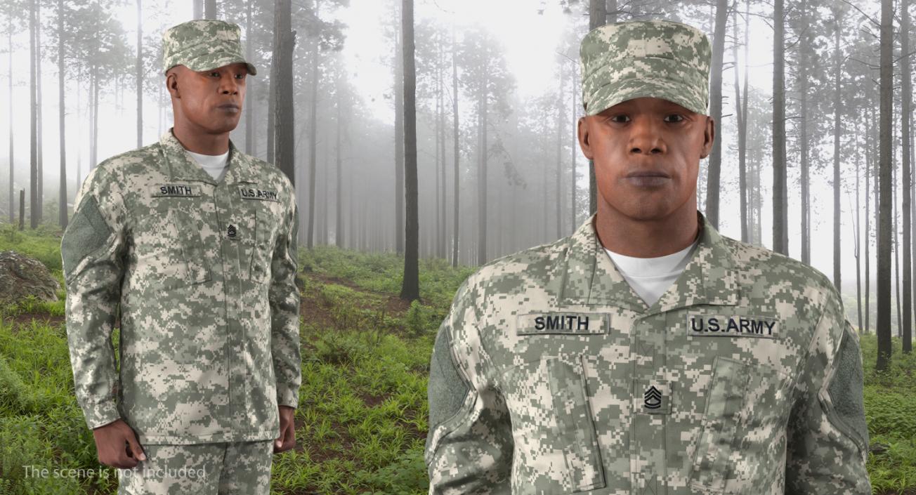 African American US Soldier Standing at Attention ACU Fur 3D