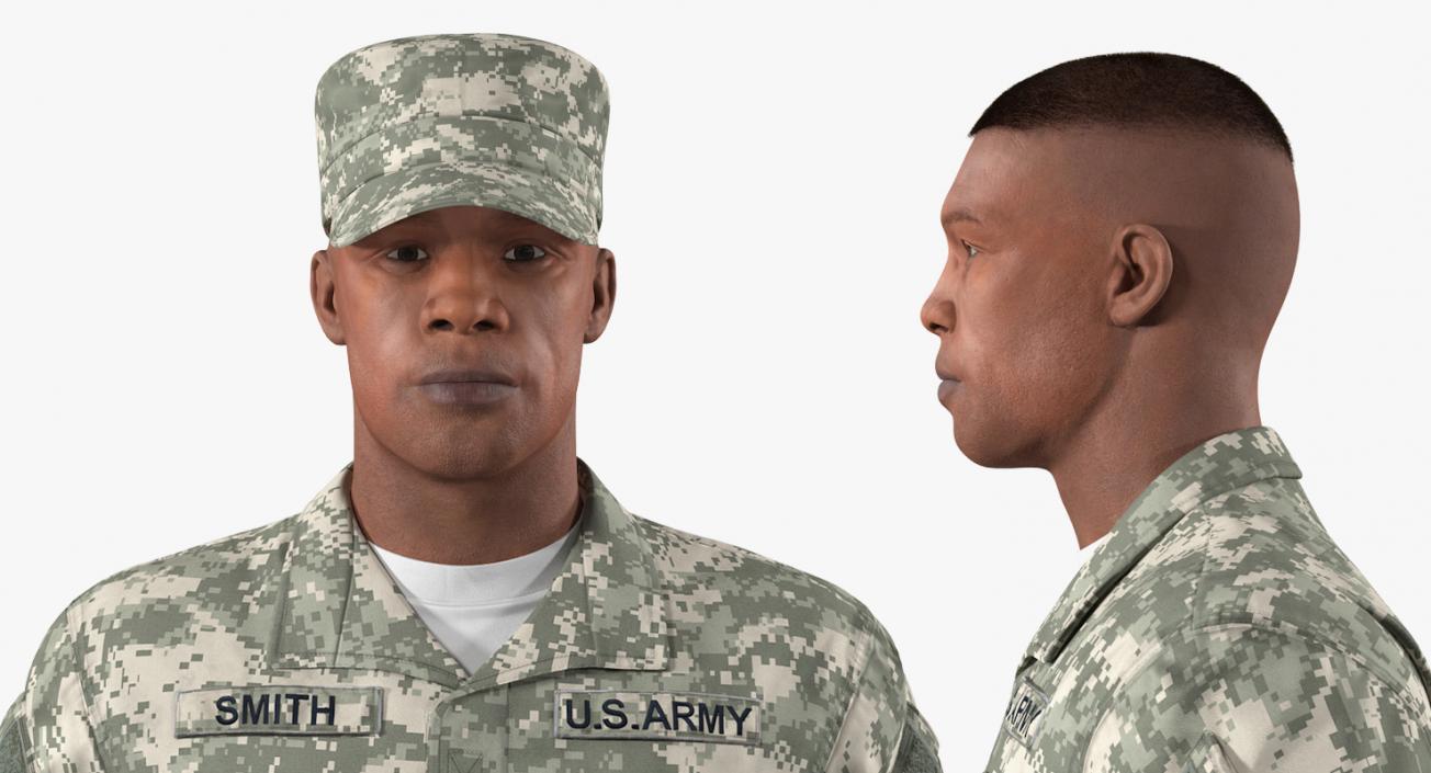 African American US Soldier Standing at Attention ACU Fur 3D