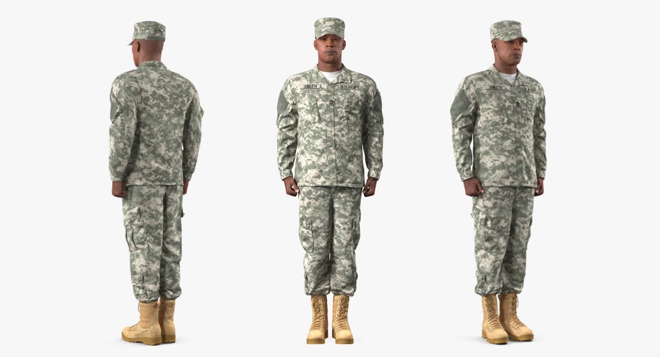 African American US Soldier Standing at Attention ACU Fur 3D