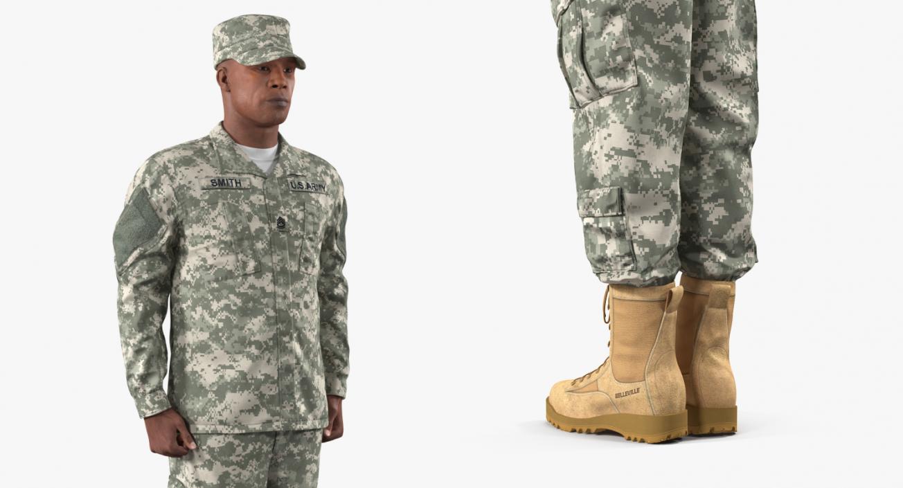 African American US Soldier Standing at Attention ACU Fur 3D