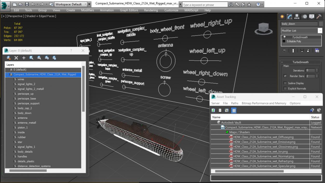 Compact Submarine HDW Class 212A Wet Rigged for Maya 3D