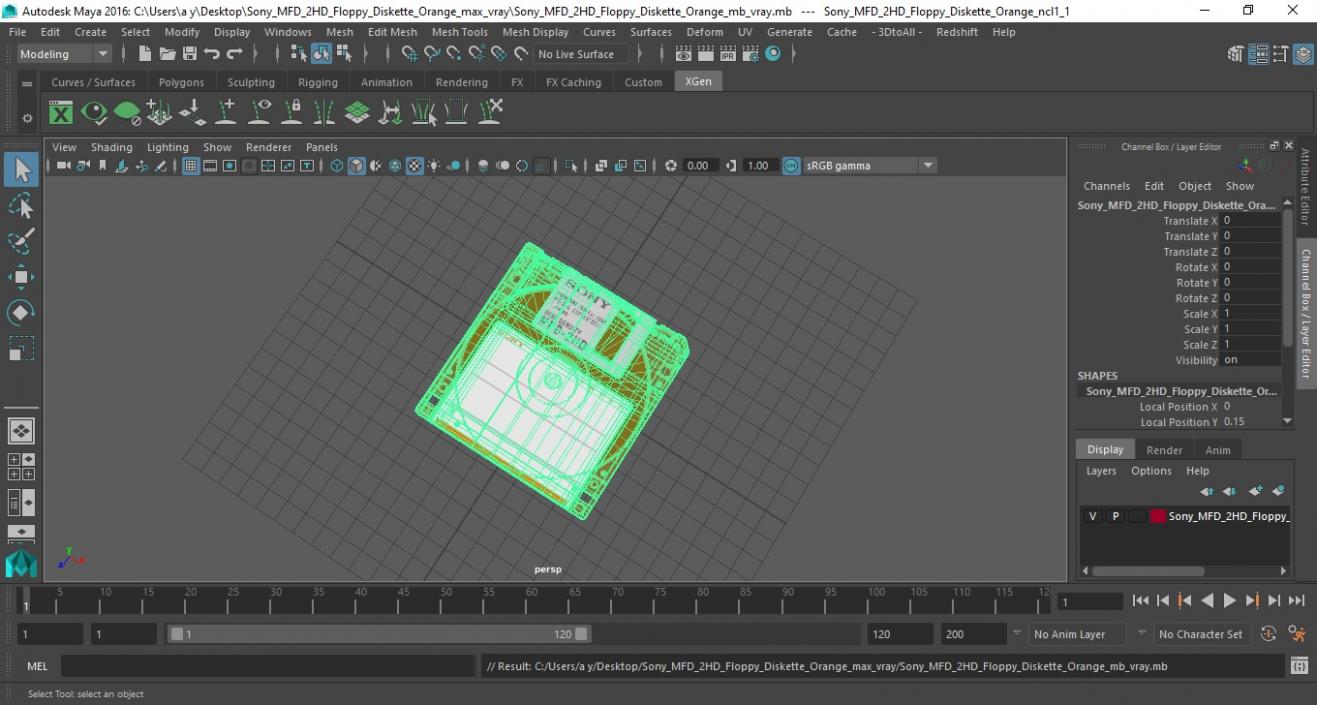 3D model Sony MFD 2HD Floppy Diskette Orange