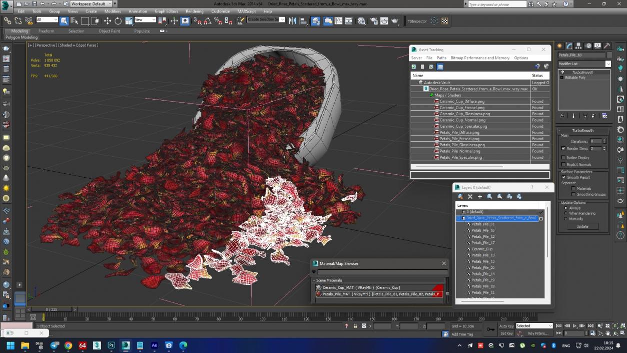 Dried Rose Petals Scattered from a Bowl 3D model