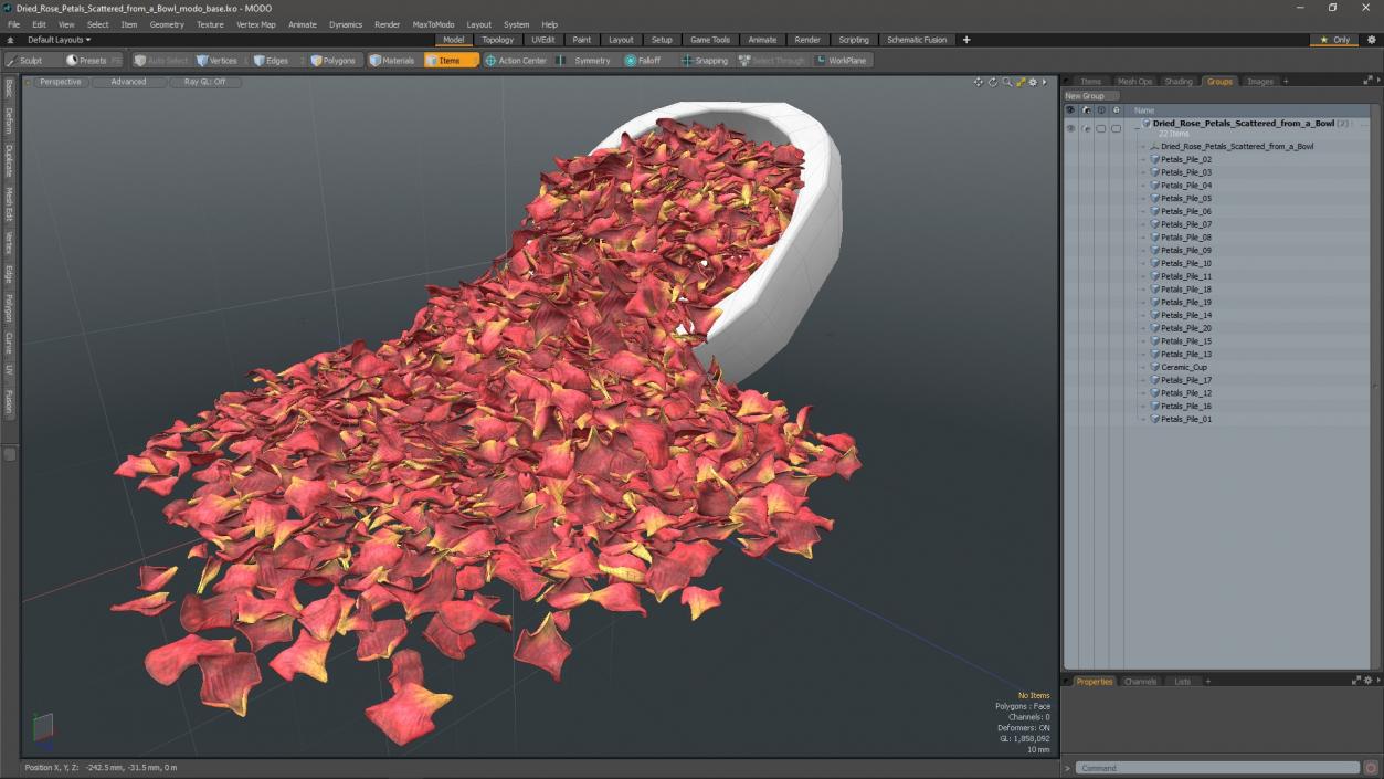 Dried Rose Petals Scattered from a Bowl 3D model